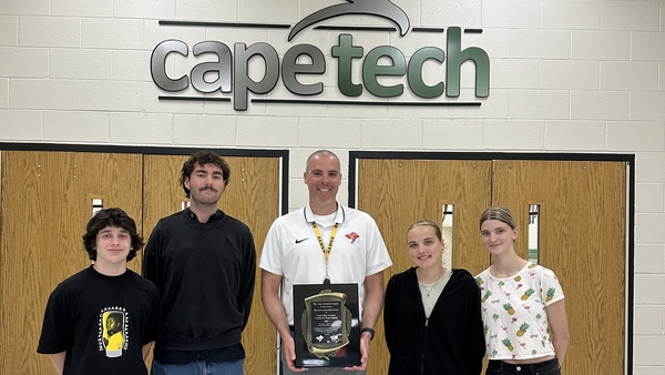 Cape Tech Athletic Director David Smith (center) alongside Cape Tech senior athletes (L-R) Cole Oravits (cross country, swimming, volleyball), Alec Dooley (basketball), Amanda Daino (soccer, basketball, softball) and Emma Drumm (basketball).